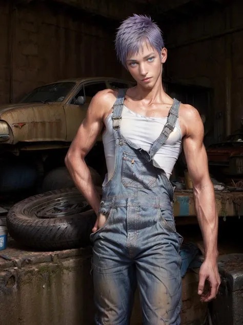 (young male:2), (20-25 years old), (front view:1.25), (blue eyes:1.2), (crop hair:1.2), (slender physique:1.2), wearing an overall, white t-shirt, mechanicoveralls, lewd, smirk, visible bulge, oily clothes, car workshop, garage, old cars and tires in the background, tools lying around
