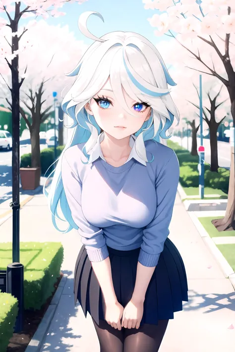 anime girl with blue eyes and white hair standing on sidewalk