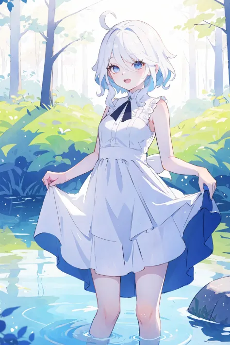 1girl, furina \(genshin impact\), heterochromia,  (sundress, white dress, sleeveless dress:1.2), bare legs, stream, wading, (ski...