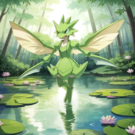 scyther, pokemon (creature), solo, no humans, fangs, wings, foot in water, forest, brook, reflection, light ray, water lily, <lo...