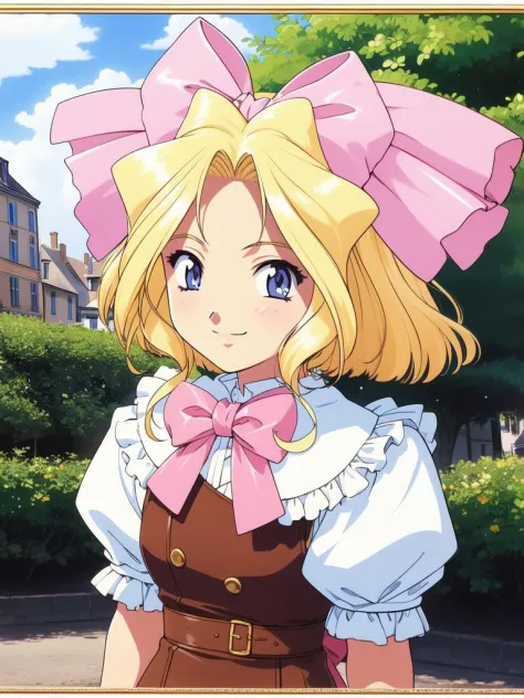 IrisChateaubriand, blonde hair, solo, 1girl, bow, ribbon, smile, cowboy Shot, child, France town