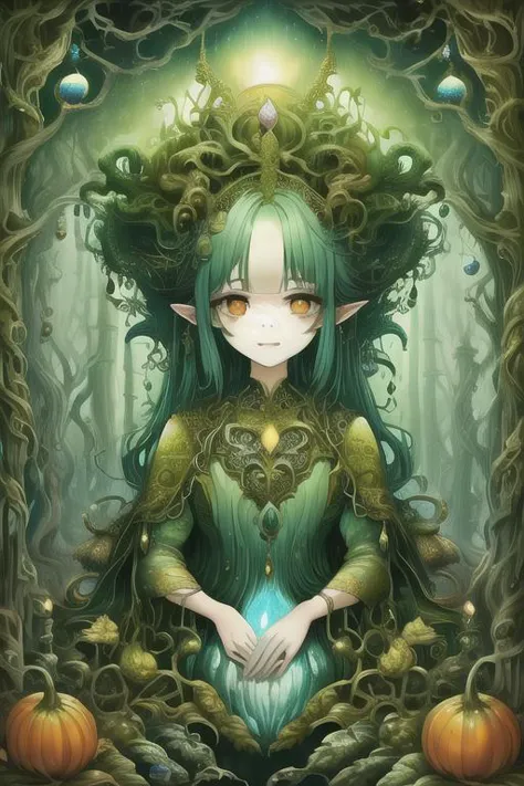 woman in a mythical forest, masterpiece, perfect face, intricate details, horror theme <lora:h4l0w3n5l0w5tyl3DonML1gh7_v1.2:1> h...