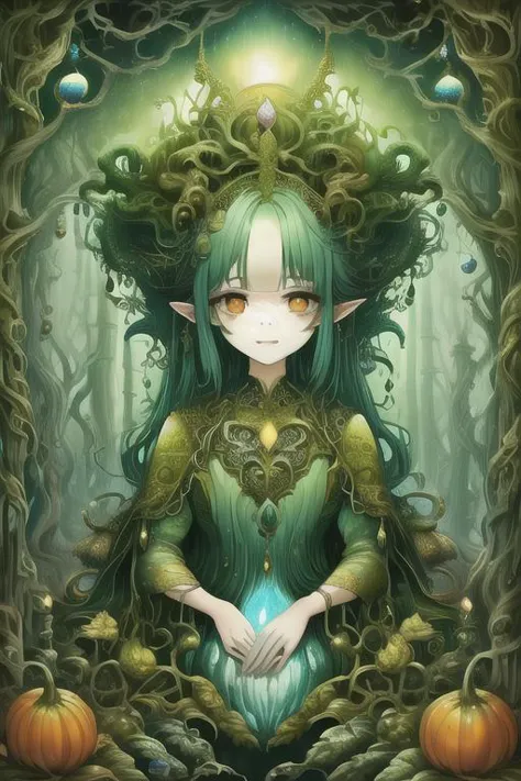 woman in a mythical forest, masterpiece, perfect face, intricate details, horror theme <lora:h4l0w3n5l0w5tyl3DonML1gh7_v1.2:1> h4l0w3n5l0w5tyl3donml1gh7, eerie, botanical, fairytale