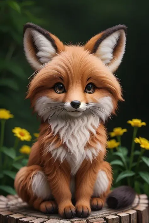 a close up of a small toy fox sitting on a stump