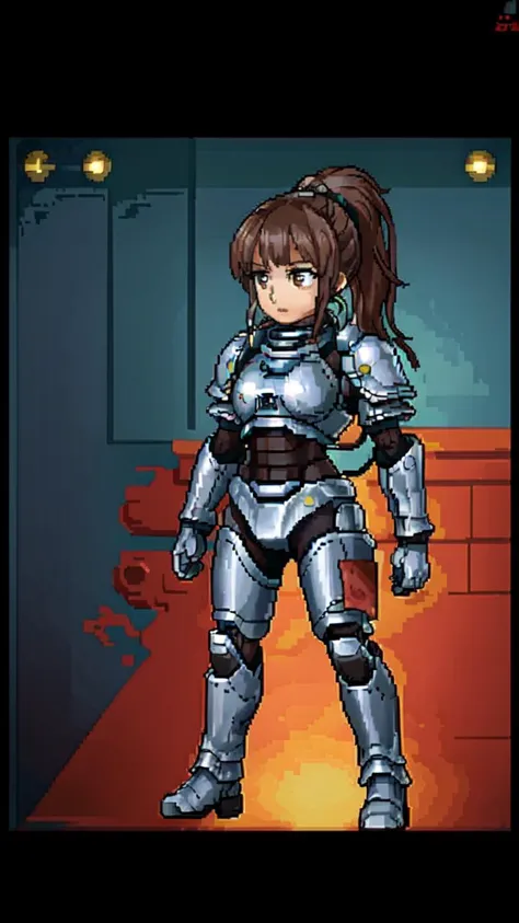 masterpiece, best best quality, 8k,
raw photo,
<lora:Yuna_Toomi.v2-000003:0.85> yuna toomi,
small brown eyes, ponytail, 
1girl, (solo)
(space marine armor, futuristic armor, science fiction armor,:1.2)
office
dark, gloomy, depressive, depressing, bleak  
<lora:pixel_f2:0.6> pixel