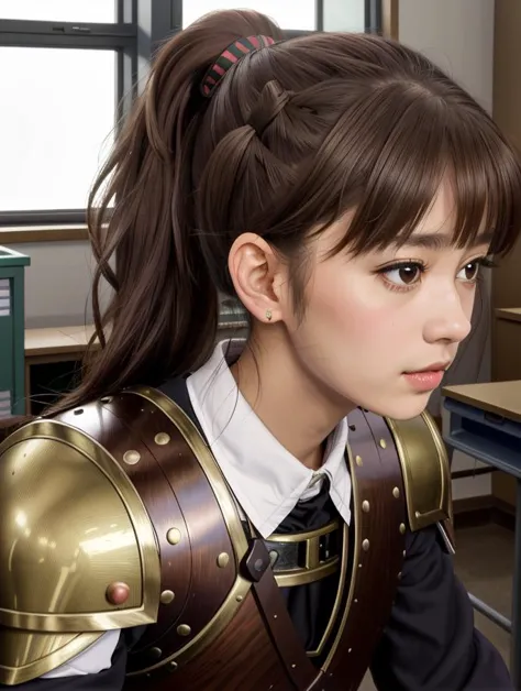 masterpiece, best best quality, 8k,
vivid color,
<lora:Yuna_Toomi.v2-000003:0.65> yuna toomi,
small brown eyes, ponytail, 
1girl, (solo)
(stromtropper armor:1.2)
teachers office, inside school
old european panting, Albrecht Dürer, Michelangelo Buonarotti, Michelangelo Merisi da Caravaggio, Diego Velazquez, Jan Vermeer, Frida Kahlo  
"               "