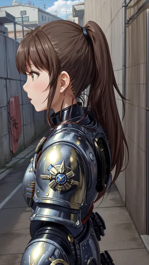 a woman in a black and gold armor standing on a sidewalk