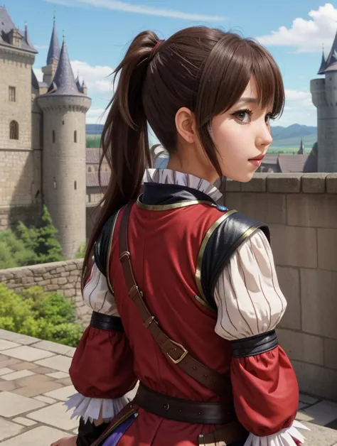 masterpiece, best best quality, 8k,
vivid color,
<lora:Yuna_Toomi.v2-000003:0.65> yuna toomi,
small brown eyes, ponytail, 
1girl, (solo)
(fantasy mage outfit:1.2)
medieval castle, outside
"                            "  
<lora:kyoto animation_artstyle_LoCon:0.5>