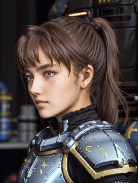 masterpiece, best best quality, 8k,
vivid color,
<lora:Yuna_Toomi.v2-000003:0.65> yuna toomi,
small brown eyes, ponytail, 
1girl, (solo)
(space marine armor, futuristic armor, science fiction armor,:1.2)
city
"                         "  
<lora:gbaportrait:0.7> gbaportrait