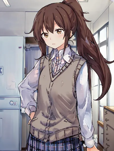 anime girl in school uniform standing in a kitchen with a refrigerator