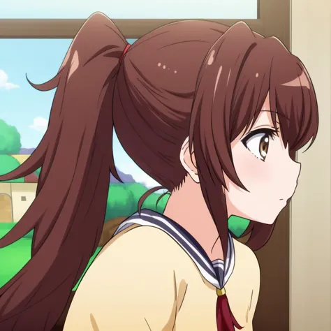 anime girl with ponytail hair looking out window at countryside