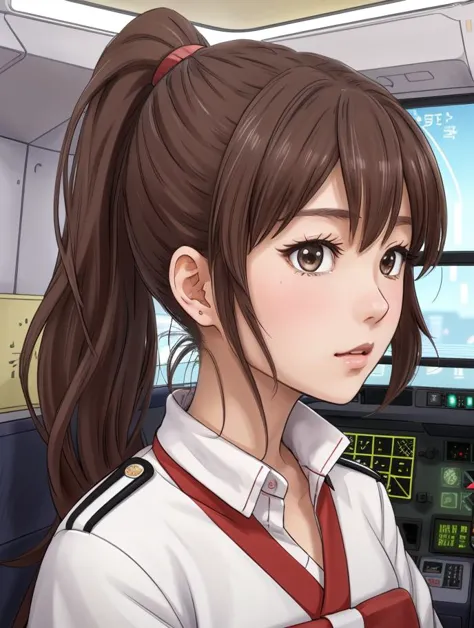 anime girl in uniform looking at a computer screen with a monitor in the background