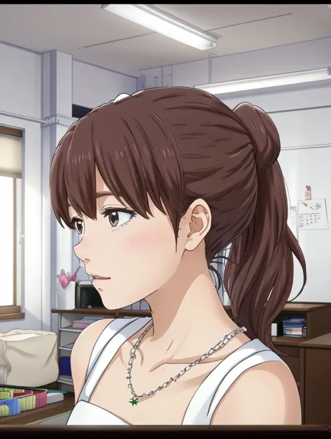 anime girl with ponytail hair in office looking at computer screen