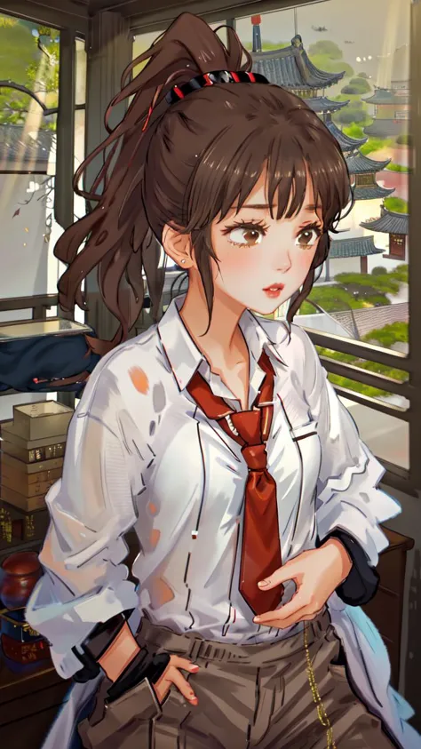 masterpiece, best best quality, 8k,
raw photo,
<lora:Yuna_Toomi.v2-000003:0.85> yuna toomi,
small brown eyes, ponytail, 
1girl, (solo)
(office suit, necktie, pants:1.2)
close-up,
"       "  
<lora:shanzhagao128dim-epoch-000010:1> HANFU, RED LIPS, LIGHT RAYS, EAST ASIAN ARCHITECTURE