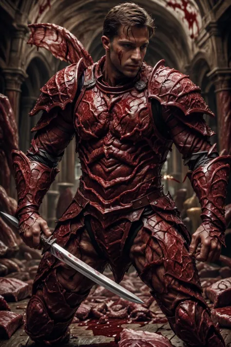 (dutch man), fl3sh4rmor, wearing flesh knight armor, blood, meat, veins, fantasy background, dynamic pose, fighting stance, holding sword,, realistic, masterpiece, intricate details, detailed background, depth of field, photo of a handsome man,