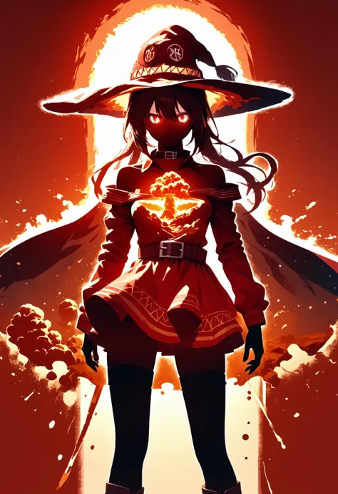 score_9,score_8_up,score_7_up,source_anime,1girl,solo,<lora:wrnchexpwhimsicalvisions>,wrnchexpwhimsicalvisions,(((silhouette))),double exposure,simple background,red background,<lora:AEMegumin:0.8>,AEMegumindef,red eyes,glowing eyes,Brown hair,Belt choker,red dress,off-shoulder dress,Black gloves,fingerless gloves,black thighhighs,knee boots,hat,cape,<lora:Nuclear_Explosion:0.8>,Nuclear Explosion,Nuclear Explosion in the Background,