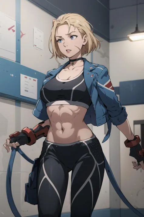 CammySF, PantsO, pants, jacket, sports bra, short hair, best quality, masterpiece, highres