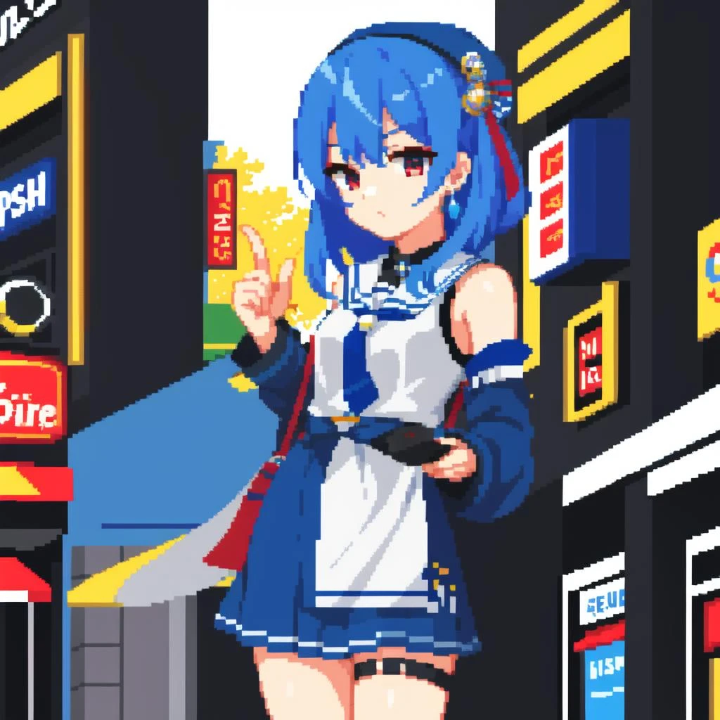 Один, 1 девушка, Хошимати Суйсей, синие волосы, виртуальный ютубер, фон торгового центра, стиль адуаре, верхняя часть тела , пиксель арт   