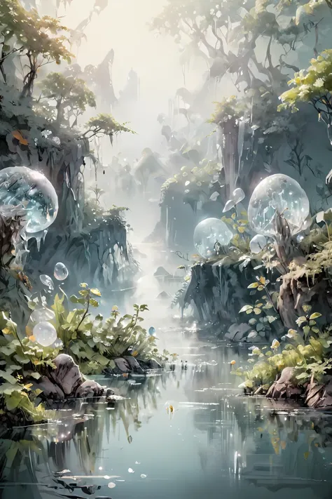 digital painting,other planet,life,alien forest,alien plants,alien mushrooms,alien dwelling,alien animals,transparent eggs,(cracked egg with creature:1.3),ferns,lianas,danger,river,waterfall,background details,bokeh,water vapor,strong rim light,intense shadows,(reflections:1.3),foreshortening,sun rays,light beams,complementary colors,dusk,
<lora:Ice:1>,<lora:crystalz:1>,<lora:guofengchahua_xl:1>,