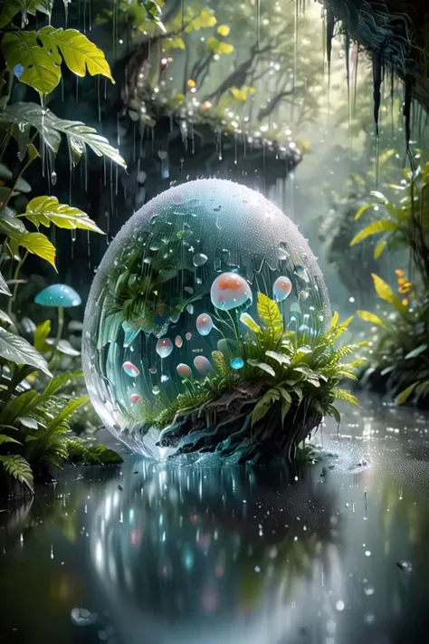 digital painting,(rain:1.3),other planet,life,alien forest,alien plants,alien mushrooms,alien dwelling,alien animals,(transparen...
