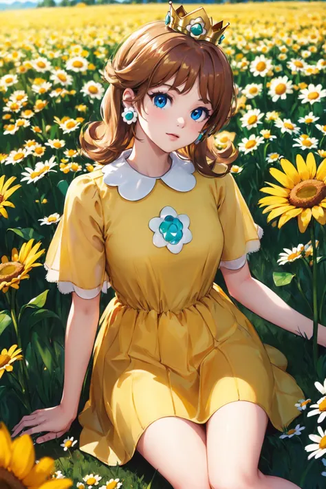 (Daisy_SM) , (1girl) ,  blue eyes  , golden crown , yellow dress , sitting in a field of daisies , rim light , shallow depth of ...