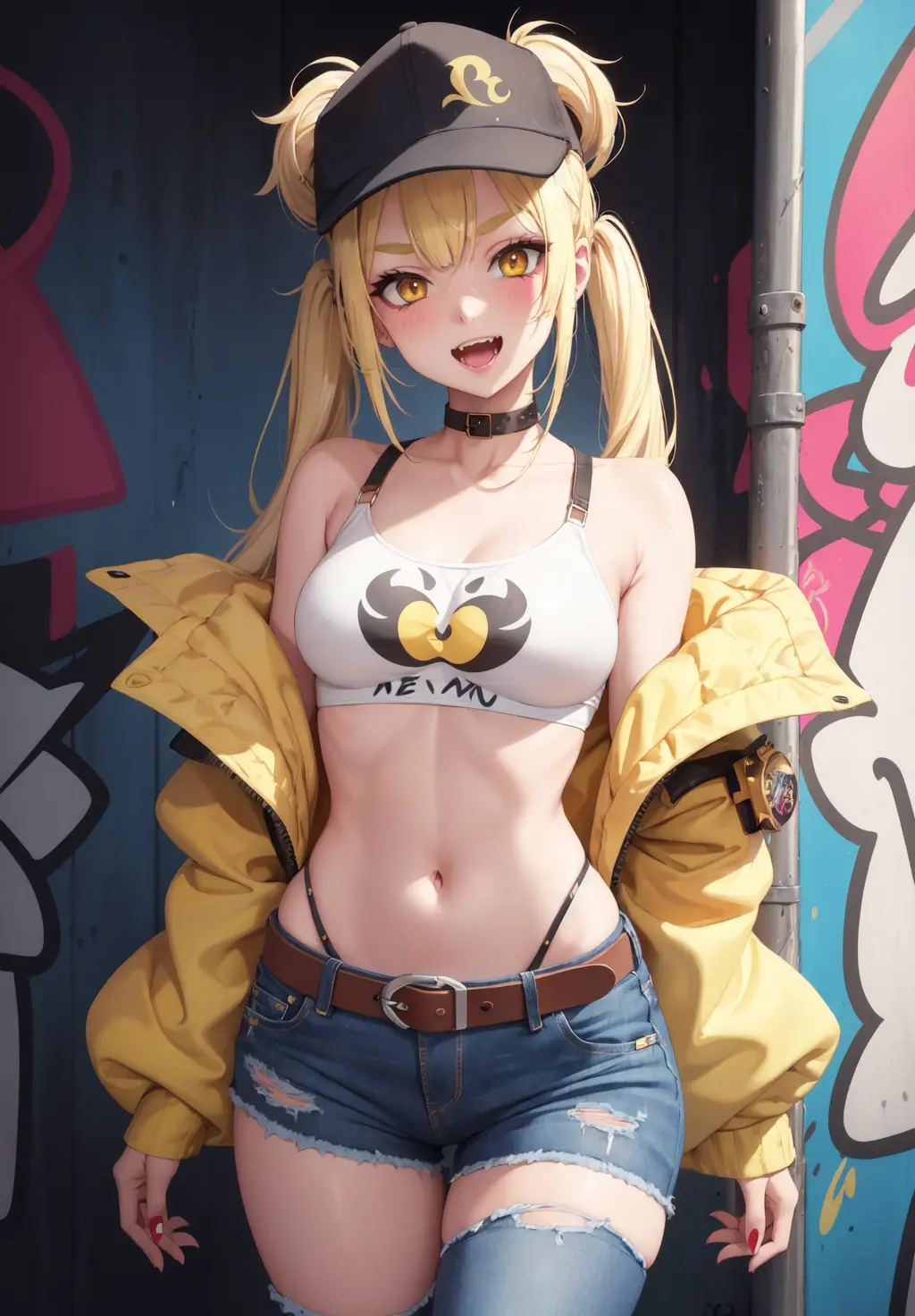 Original Character, Volumetric Lighting, Best Shadows, Shallow Depth of Field, Portrait Of Stunningly Beautiful Girl, , Delicate Beautiful Attractive Face With Alluring Yellow Eyes, Messy Painted Face, Sharp Eyebrows, Broadly Smiling, Open Mouth, Fangs Out, Lovely Medium Breasts, Layered Long Twintail Blond Hair, Blush Eyeshadow, Thick Eyelashes, Applejack Hat, Oversized Pop Jacket, Mini Underboob Tee, Open Navel, Slim Waist, Denim Jeans Pants, With Buckle Belt, In The Graffiti Alley, Waste Container, Outside Stairs, Outdoor Unit, Holding Spray Paint Can, Standing, (Highest Quality, Amazing Details:1.25), (Solo:1.3), Brilliant Colorful Paintings