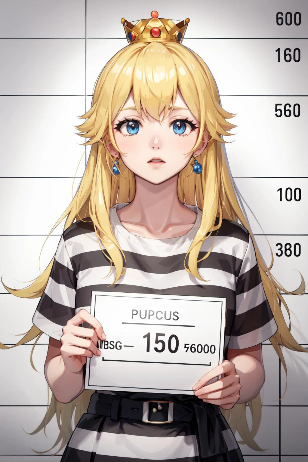 mugshot, height chart, 1girl, upper body, holding sign, looking at viewer,  prison clothes, striped shirt,  princess peach,  blonde hair, crown, 