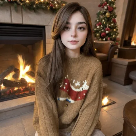 <lora:deputyaruuu_sd15_512_128_64_v1:1>deputyaruuu, 1girl brown weavy hair, wearing a christmas sweater, christmas decoration in background, lit fireplace in background