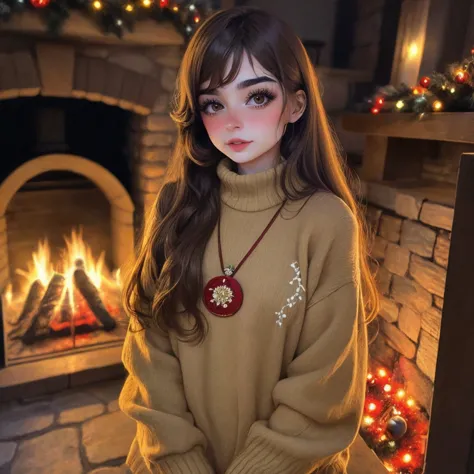 a girl in a sweater and a necklace sitting in front of a fireplace