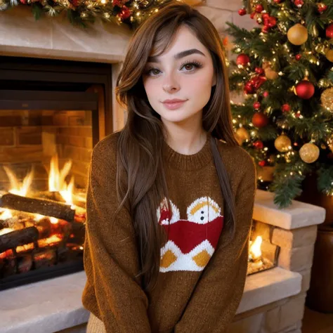 araffe girl in a sweater sitting in front of a fireplace