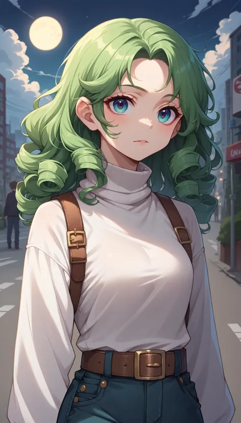 a woman with green hair and a white shirt is walking down the street