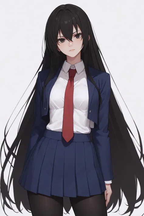 anime girl with long black hair wearing a blue skirt and a red tie