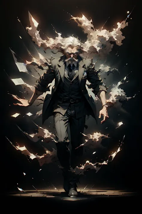 an old man, full body, full shot, disolving into black smoke, sadistic expression,  ral-dissolve, dramatic lighting