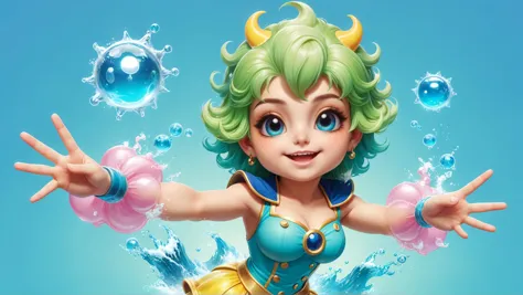 a woman in a blue dress and green hair is surrounded by bubbles