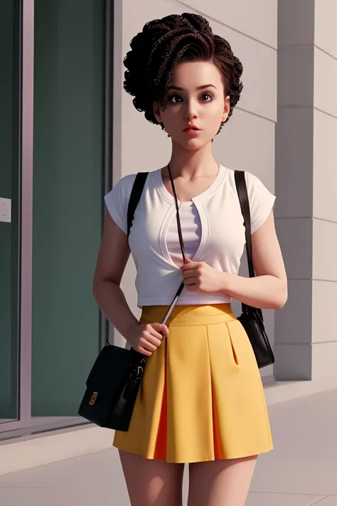 a woman in a yellow skirt and white shirt is standing on a sidewalk