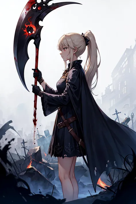 best quality, highres, absurdres, full body, (ultra-detailed:1.1025), ), little girl, patent drawings, dark theme, 1girl, silver hair, high ponytail, red eyes, reflection, night, from side, action, jumping, cold, blonde hair, bare legs, torn clothes, gradient background, ash, flying ash, dust, stationery, (, solo, ), cohesive background, (, character sheet, ), thin, full body, long dress, flying, scythe, big scythe, black fire, black flame, white flame, cold, ice, gothic, scythe, big scythe, monster, huge weapon, weapon, (, (best quality), ), (, (masterpiece), ), (, (ultra-detailed), ), (, illustration, ), (, detailed light, ), (, an extremely delicate and beautiful, ), (, (a beautiful girl:1.4), ), (, (cowboy shot), ), (, (standding), incredibly_absurdres, wallpaper, highres, artbook, death, ((Death Scythe)), Scythe, cloak, black background, bone, Monster, saint-like, Frightening, Perfect weapon, Death, Death, Death darksouls, blood stain, bloodborne, dark, (masterpiece), (best quality), (super delicate), (best illustration), (an extremely delicate and beautiful), (intricate detail), (depth of field), (extremely detailed), extremely detailed, 32K UHD, absurdres, super-resolution, Canon EOS MARK IV  Best_QualityPos