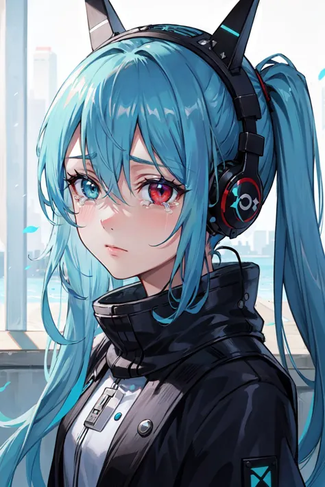 a close up of a person with headphones on and a cat ear