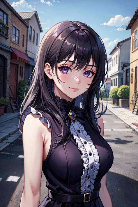 masterpiece, best quality, 1girl, smile, outdoors, houses, road, large breasts, upper body, grey dress, bow, frills, sleeveless, ribbons, black long hair, purple eyes, looking at viewer, extremely detailed, 32K UHD, absurdres, super-resolution, Canon EOS MARK IV,