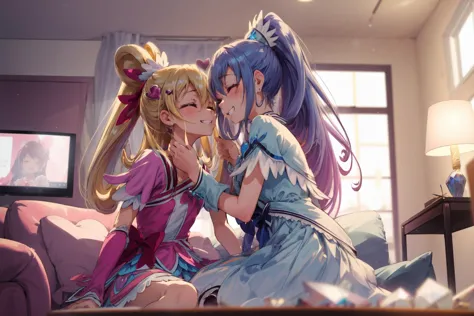 masterpiece,best quality,2girls,face-to-face,looking at another,living room,
AND 2girls,face-to-face,looking at another,living room,(1girl,cure heart,closed eyes,grin,blonde hair, heart hair ornament,heart, hair ribbon, [[high ponytail]],<lora:locon_cure_heart_04:0.8>),
AND 2girls,face-to-face,looking at another,living room,(1girl,cure diamond,smile,blush,capelet, gem, blue dress,blur ribbon, earrings,<lora:locon_cure_diamond_01:0.9>),