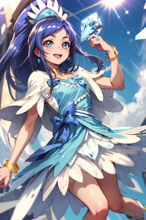 masterpiece,best quality,1girl,cure diamond,capelet,gem,blue dress,yellow bracelet,blur ribbon,earrings,white legwear,smile,open mouth,crystal,diamond,(blue sky),sunlight,<lora:locon_cure_diamond_01:0.9>,