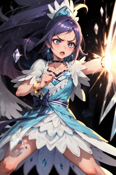 masterpiece,best quality,1girl,cure diamond,capelet,gem,blue dress,yellow bracelet,blur ribbon,earrings,white legwear,(serious,shouting),fighting stance,action pose,attack,spiked crystal,diamond,blast,motion lines,motion blur,shockwave,cowboy shot,<lora:locon_cure_diamond_01:0.9>,