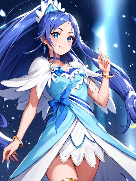 a woman in a blue dress with long hair and a sword