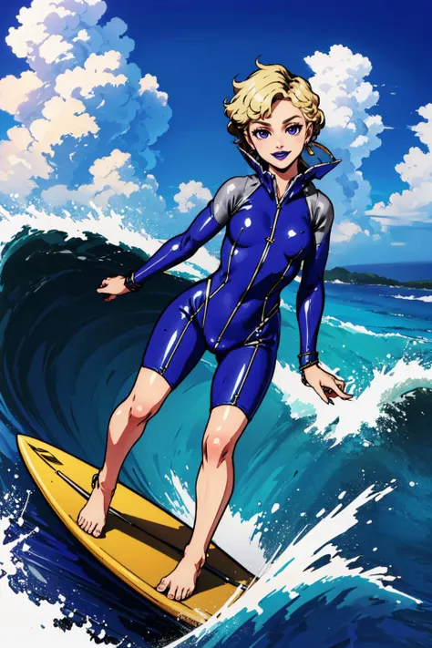 anime girl in wetsuit surfing on a wave in the ocean