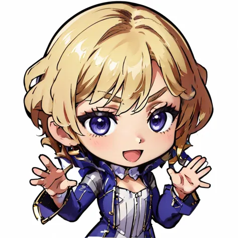 masterpiece, best quality, madamsmtii, jewelry, purple lips, very short hair, blonde hair, bodysuit, dress,  <lora:zs_Madam:1>  <lora:DarkCabalChibiStyle:1> chibi, white background, simple background, waving, :D, whole body