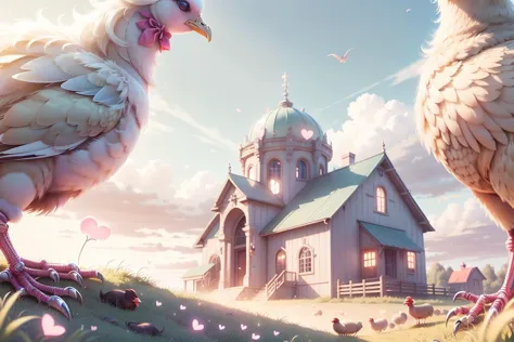 there are two birds standing in front of a church on a hill