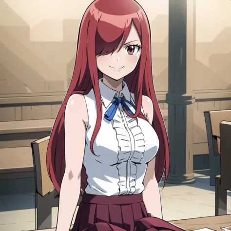 anime girl with red hair and white shirt sitting at a table