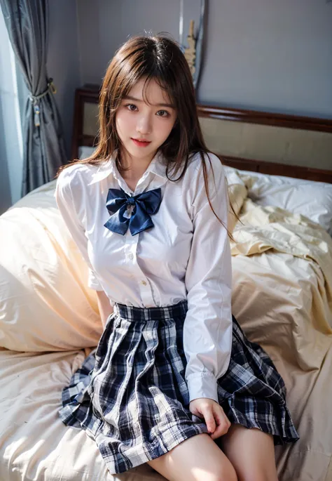 ((asian girl)),((smile, upper teeth, white shirt, blue bow tie, dark blue pleated skirt with checker pattern, sitting on bed)), ...