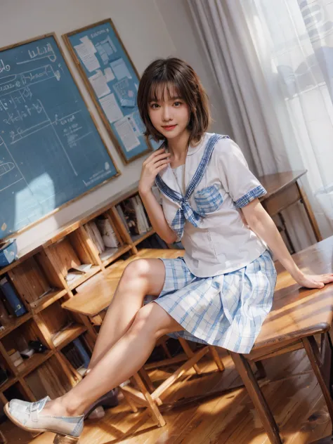 ((asian girl)),((smile, white shirt, blue pleated skirt with checker pattern, blue bow, sitting on desk)), bright theme, (master...