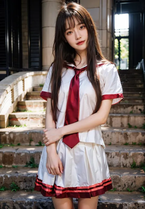 ((asian girl)),((smile, white shirt, red tie, white pleated skirt)), stair steps, bright theme,(masterpiece),((ultra-detailed)), (highly detailed CG illustration),(expressionless), (best quality:1.2),(1girl:1.2),High quality texture, intricate details, detailed texture, High quality shadow, thin lips, brown eye pupil, depth of field, perspective,20s, (big eyes:1.2),blush,perfect body, lean body, (narrow waist:1.3), large breast, distinct_image, (lustrous skin), solo focus, (brown hair), (streaked hair), ((long hair)), <lora:add_detail:0.5>, <lora:GoodHands-vanilla:1>, <lora:detailed_notrigger:0.7>,  <lora:picxer_real:0.7>, <lora:zyd232_ChineseGirl_v4_2:0.6>, <lora:010:0.4>