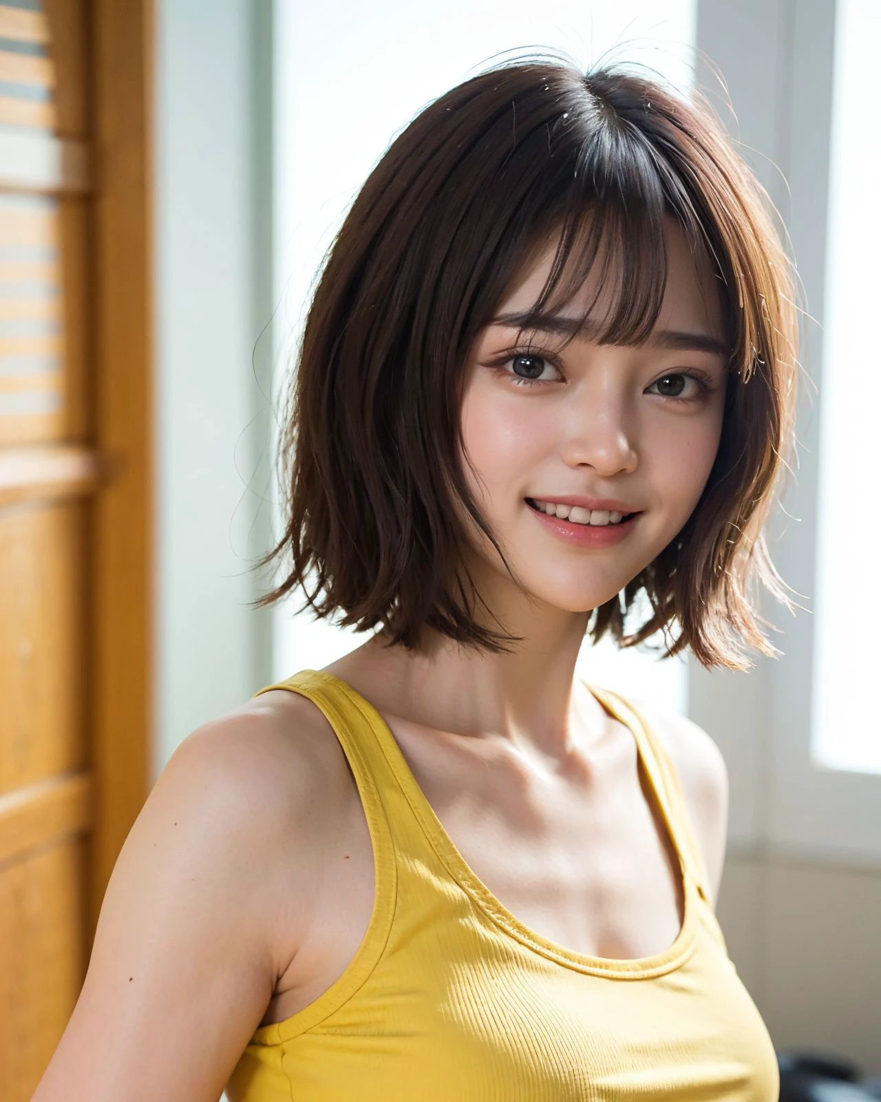 zydG, 1girl, detailed skin, looking at viewer, brown eyes, (short hair with bangs:1.2), (medium breasts:1.0), 
face focus, portrait, shap focus, (smile:1.2), (yellow tanktop:1.5), gym, from side, (open mouth:1.2),
(photorealistic:1.4), (best quality:1.0), (ultra highres:1.0), 8k, RAW photo, (masterpiece:0.2), 
(pureerosface_v1:0.5),